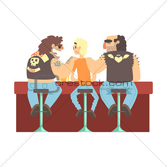 Two Biker Gang Members Scarying Skinny Bar Client, Beer Bar And Criminal Looking Muscly Men Having Good Time Illustration