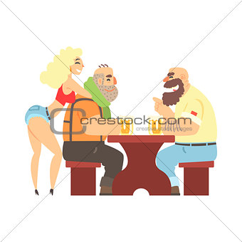 Two Lumberjacks Chatting At The Table With Sexy Waitress Leaning At Ones Back, Beer Bar And Criminal Looking Muscly Men Having Good Time Illustration