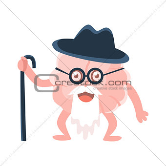 Humanized Wise And Old Brain With Walking Stick And Long Beard , Intellect Human Organ Cartoon Character Emoji Icon