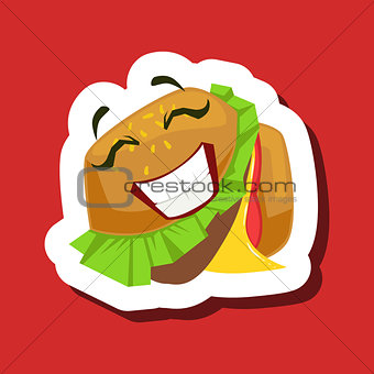 Happy Smiling Burger Sandwich, Cute Emoji Sticker On Red Background