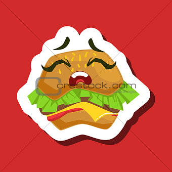 Upset Burger Sandwich, Cute Emoji Sticker On Red Background