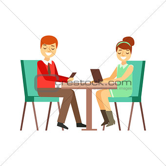 Couple On The Date In Cafe Peering At Their Smartphone And Tablet, Person Being Online All The Time Obsessed With Gadget
