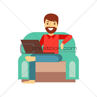 MAn At Home In Armchair With Lap Top, Person Being Online All The Time Obsessed With Gadget