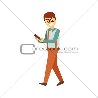 Man In Glasses Walking Looking At Smartphone Screen, Person Being Online All The Time Obsessed With Gadget