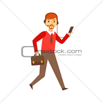 Businessman Running To Work With Suitcase And Headset For Smartphone, Person Being Online All The Time Obsessed With Gadget