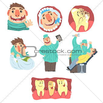 Funny Cartoon Dentist And Patient Illustration Set With Dental Care Procedures And Humanized Teeth Characters