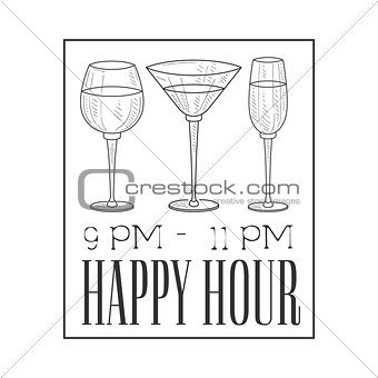 Bar Happy Hour Promotion Sign Design Template Hand Drawn Hipster Sketch With Glasses In Square Frame