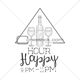 Bar Happy Hour Promotion Sign Design Template Hand Drawn Hipster Sketch With Bottle Of Wine And Two Glasses