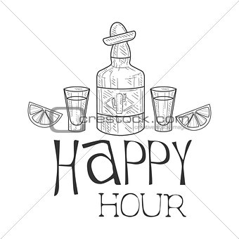 Bar Happy Hour Promotion Sign Design Template Hand Drawn Hipster Sketch With Tequila Bottle And Shot Glasses