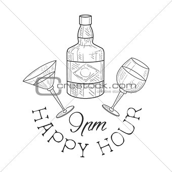 Bar Happy Hour Promotion Sign Design Template Hand Drawn Hipster Sketch With Whiskey Bottle, Martini And Wine Glasses