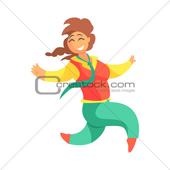 Happy Plus Size Woman In Red Vest And Green Pants With Plat Running, Enjoying Life, Smiling Overweighed Girl Cartoon Characters