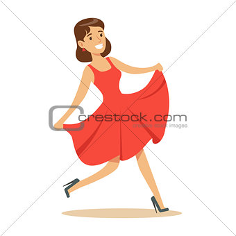 Woman In Fancy Red Dress Overwhelmed With Happiness And Joyfully Ecstatic, Happy Smiling Cartoon Character