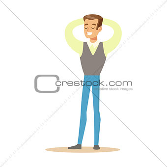 Man In Shirt And Vest Overwhelmed With Happiness And Joyfully Ecstatic, Happy Smiling Cartoon Character