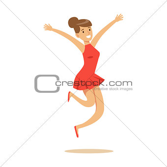 Girl In Short Red Dress Overwhelmed With Happiness And Joyfully Ecstatic, Happy Smiling Cartoon Character