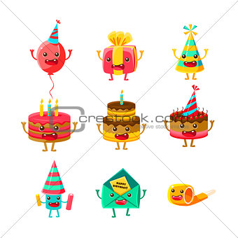 Happy Birthday And Celebration Party Symbols Cartoon Characters Set, Including Birthday Cake, Party Hat, Balloon, Party Horn And Fireworks