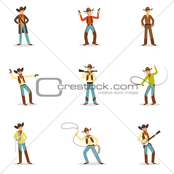 North American Cowboy With Different Accessories Set Of Cartoon Characters, Modern Western Cattle Hurdlers In Traditional Texan Cowboy Outfit.
