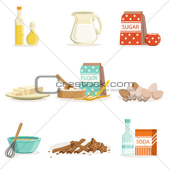 Baking Ingredients And Kitchen Tools And Utensils Collection Of Realistic Cartoon Vector Illustrations With Cooking Related Objects