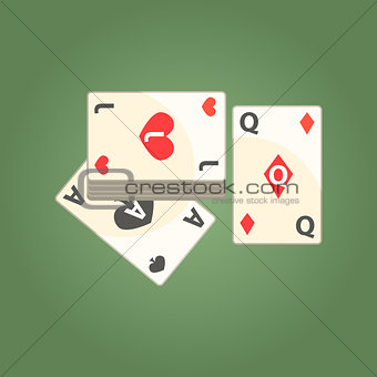 Three Playing Cards For Poker Game, Gambling And Casino Night Club Related Cartoon Illustration