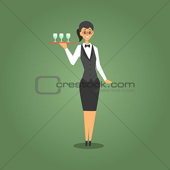 Female Waiter In Bow Tie Serving Champagne To Gamblers, Gambling And Casino Night Club Related Cartoon Illustration