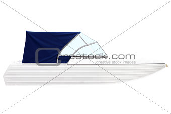 Boat with a blue awning.