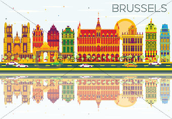 Brussels Skyline with Color Buildings, Blue Sky and Reflections.