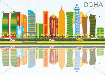 Doha Skyline with Color Buildings, Blue Sky and Reflections.