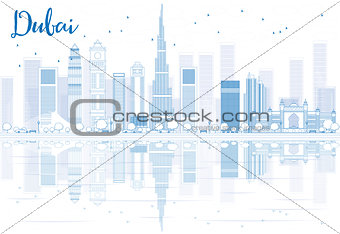 Outline Dubai skyline with blue buildings and reflections. 