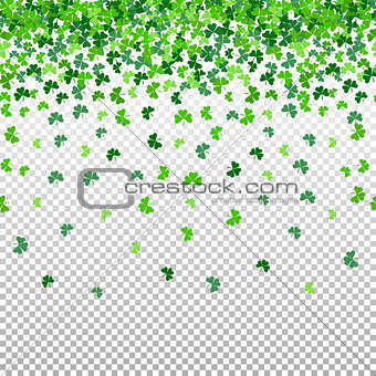 Seamless pattern with shamrock clover falling leaves on transparent background.