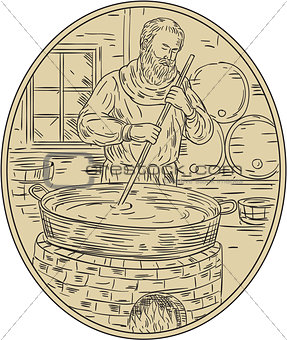 Medieval Monk Brewing Beer Oval Drawing
