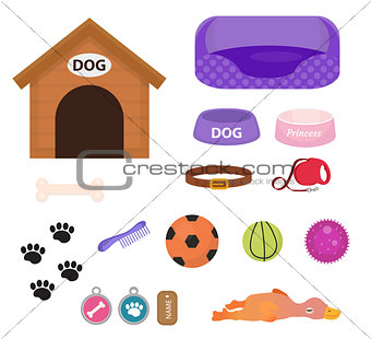 Dogs stuff icon set with accessories for pets, flat style, isolated on white background. Puppy toy. Doghouse, collar, food. Pet shop concept. Vector illustration, clip art.