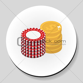 Money and chips stack sticker icon flat style. Vector illustration.