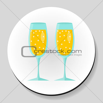 Two glasses of champagne sticker icon flat style. Vector illustration.