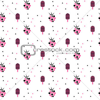 Summer tasty pink pattern with ice cream and raspberries.