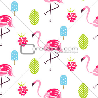 Summer pattern with flamingo, ice cream and raspberries.