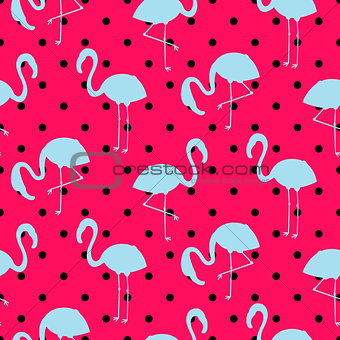 Blue and pink flamingo silhouette dotted pattern vector.