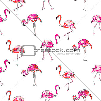 Hand drawn sketch pink flamingo seamless pattern.