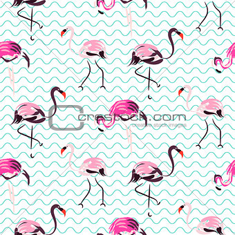 Hand drawn purple flamingo bird blue waves seamless pattern.