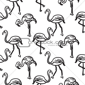 Flamingo black outline sketch seamless vector texture.