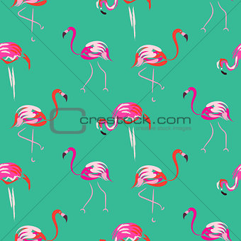 Hand drawn pink flamingo bird mint seamless pattern.