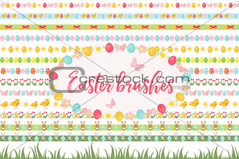 Easter borders, ornament, garland set. Banner with grass, eggs, flowers and other elements. Vector illustration, clip art.