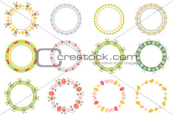 Easter round frame for your text set. Isolated on white background. Vector illustration.