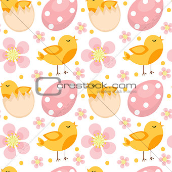 Cute Easter seamless pattern with birds and eggs. Endless Spring background, texture, digital paper. Vector illustration.