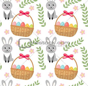 Easter seamless pattern with eggs basket and rabbit. Endless Spring background, texture, digital paper. Vector illustration.