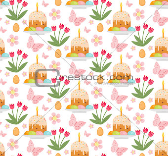 Easter seamless pattern with cake, eggs and tulips. Endless Spring background, texture, digital paper. Vector illustration.