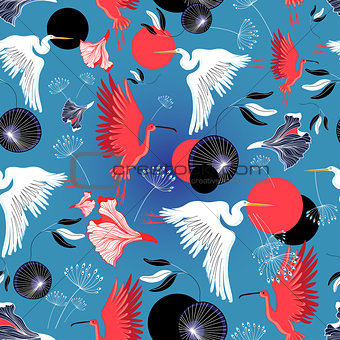 Seamless pattern of herons and ibis
