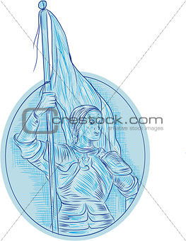 Joan of Arc Holding Flag Oval Drawing