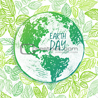Earth Day ink hand drawn illustration with globe on green backgr