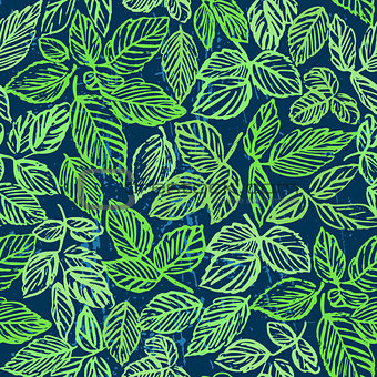 Ink hand drawn green foliage seamless pattern
