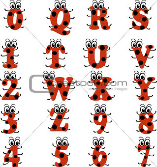 Alphabet in ladybug style, in red and black color