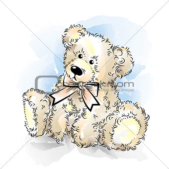 Drawing Teddy Bear with bow. Color vector illustration